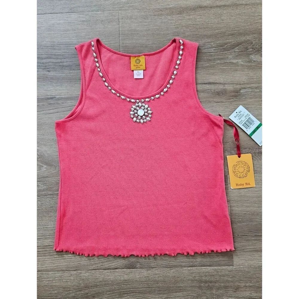 Ruby Rd Coral Beaded Ribbed Tank Top Size L - Picture 2 of 8